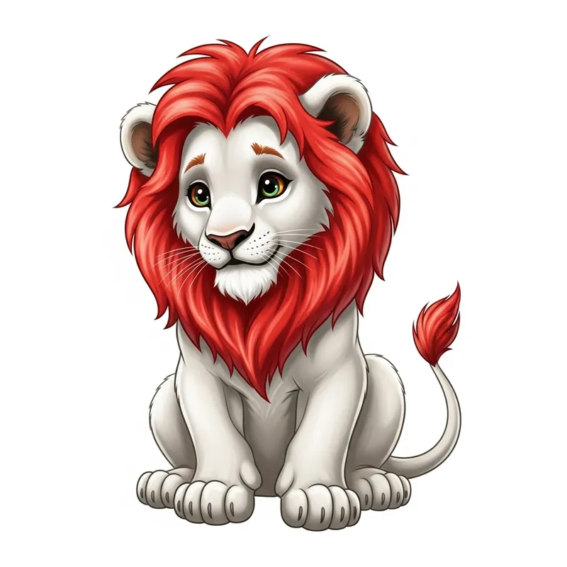 Adorable White Lion Cub with Red Mane in Cartoon Style