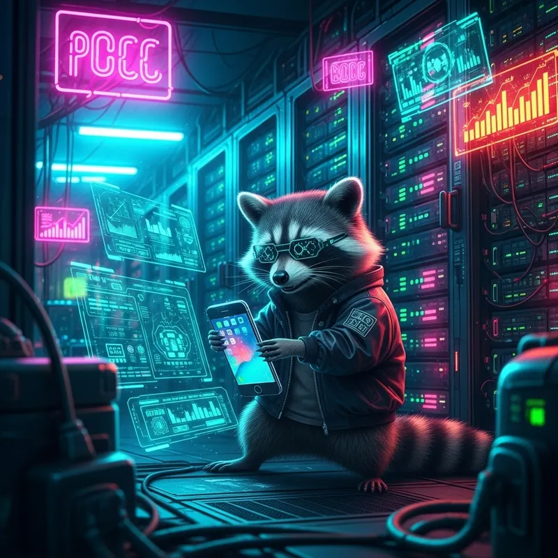 Futuristic Cyber Data Center with Raccoon in Hacker Jacket