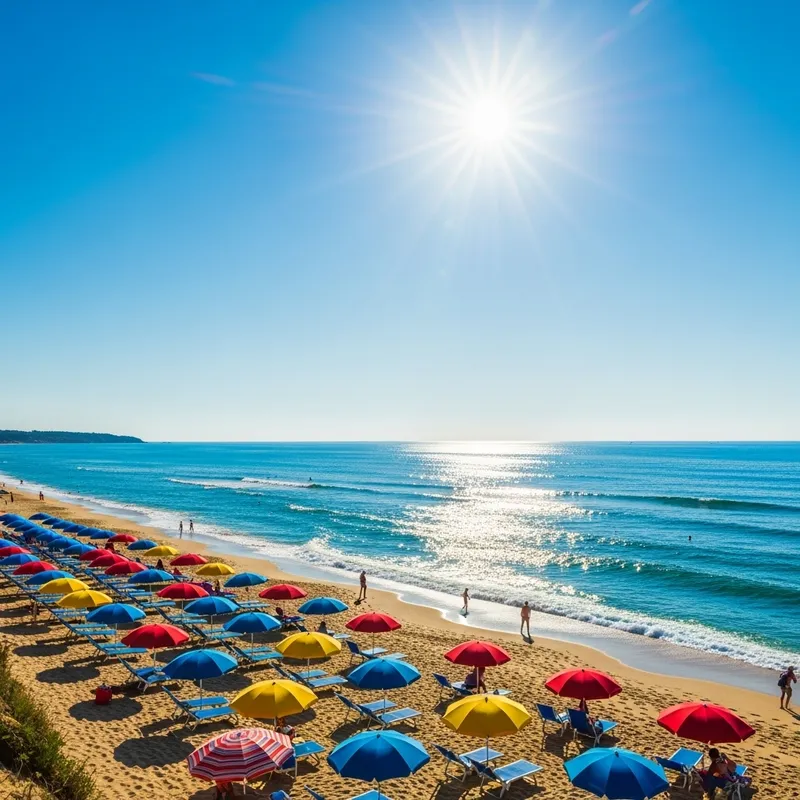 Golden Beach Umbrellas under Clear Blue Sky | Serene Shore View