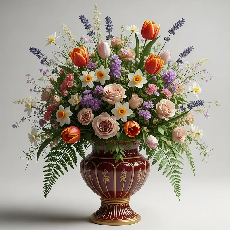 Elegant Red & Gold Vase with Diverse Flowers & Plants
