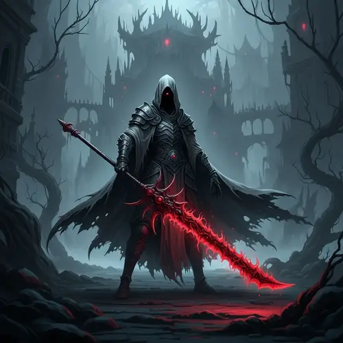 Dark Cloaked Character with Haunting Crimson Glowing Blade