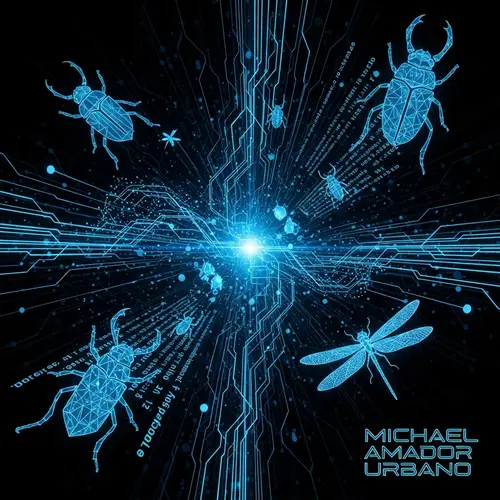 Abstract Bug and Code Designs in Black and Blue for Wallpaper