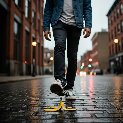 Man in Black Converse Steps on Banana Peel Urban Street Scene