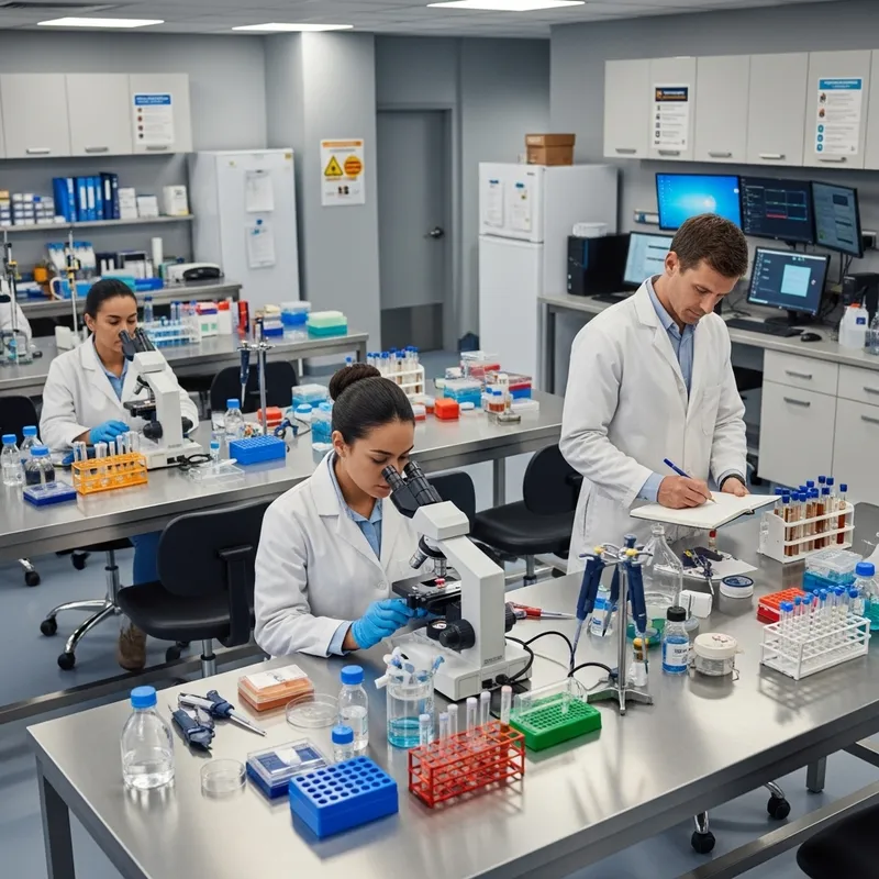 Hospital Laboratory with Female Scientist Examining Specimen Hospital Laboratory with Female Scientist Examining Specimen