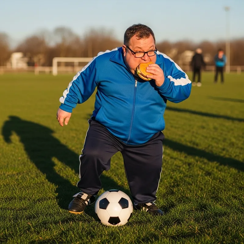 White Man in Blue Jacket Eating Burger Playing Soccer