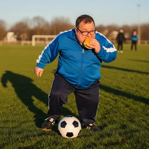 Caucasian Man Eating Burger Playing Soccer | Website Name