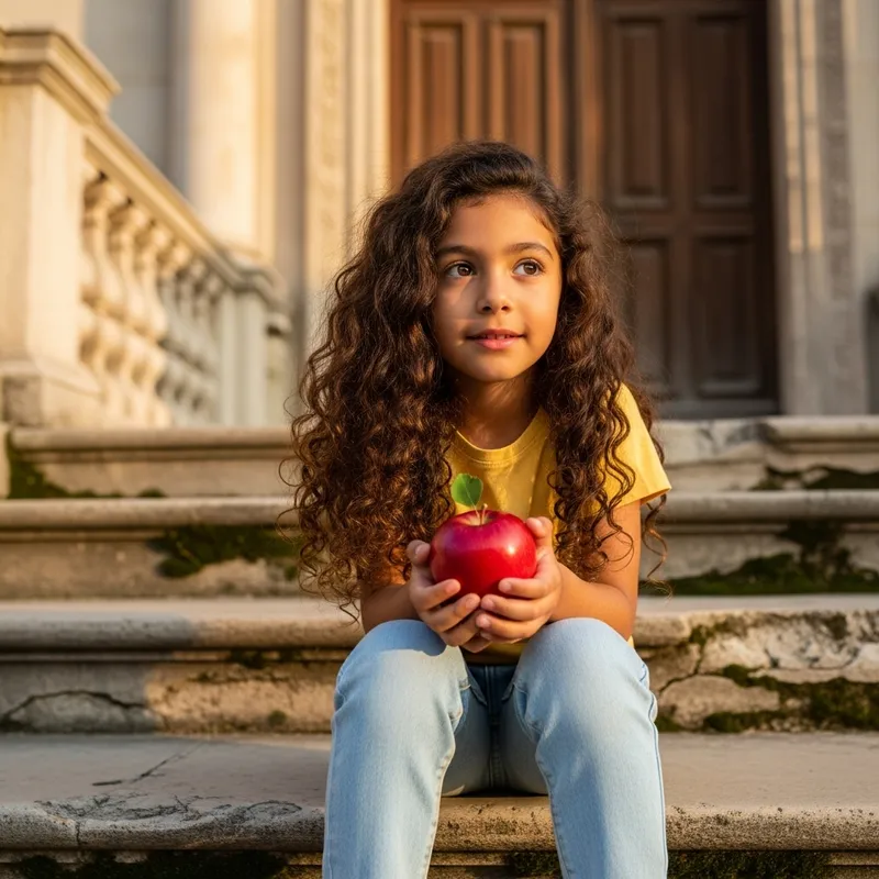 Adorable Hispanic Girl with Curly Brown Hair Holding Red Apple