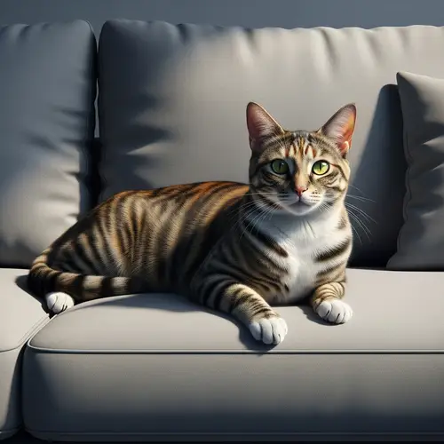 Futuristic Tortoiseshell Cat on Modern Sofa