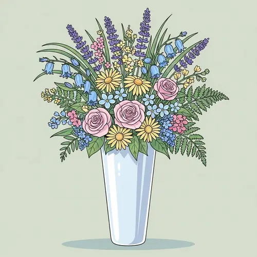 Comic-Styled Tall Vase with Diverse Flowers and Plants