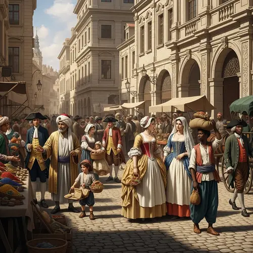 1745 Historical Scene: Fashion Trends, Architectural Styles & Daily Life