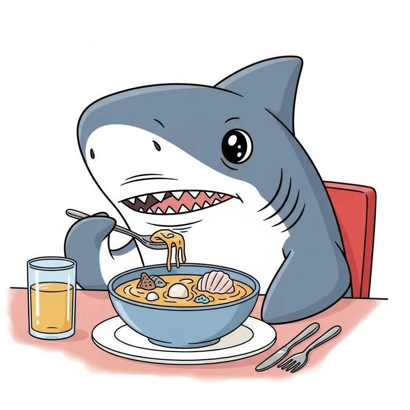 Cartoon Shark Enjoying Soup with a Human Hand: A Delightful Scene
