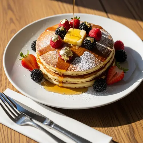 Luxurious Golden-Brown Pancake with Fresh Berries and Gold Leaf
