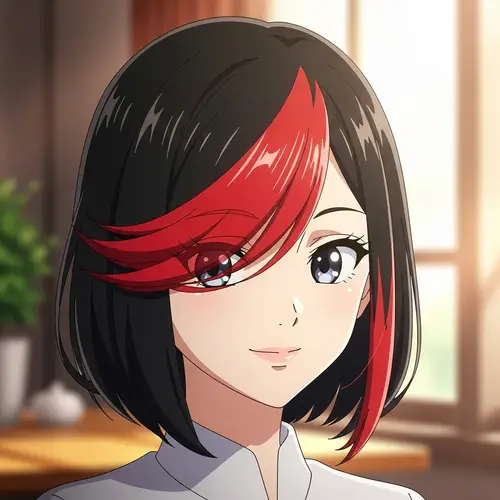 Anime-Style Girl with Black Hair and Red Fringe