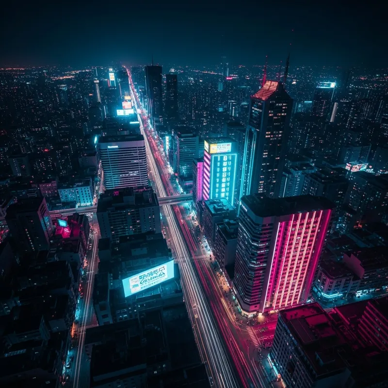 Cyberpunk Cityscape Night | Neon Vibrant Streets | Aerial View Sony A7R IV