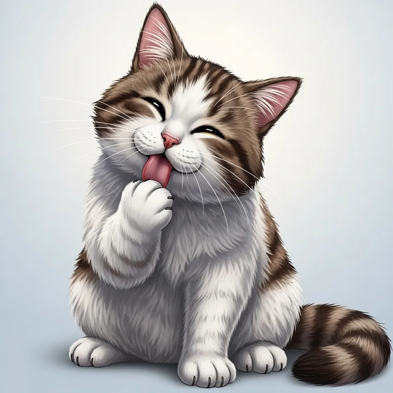 Adorable White and Brown Cartoon Cat Licking Paw