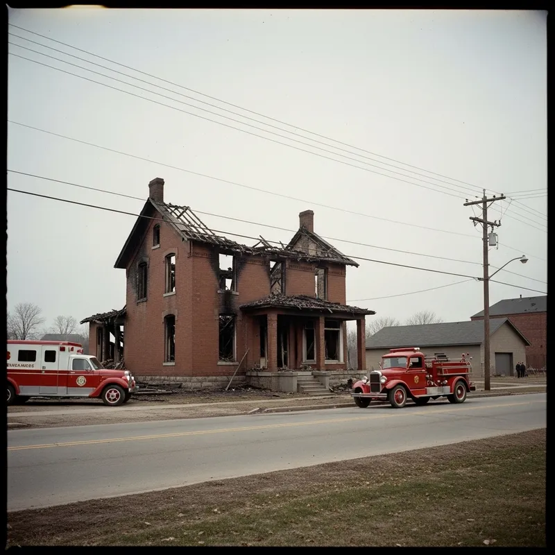 1920s Small Town Brick House Fire Ambulance Fire Truck Scene Burned Down