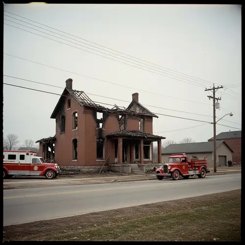 1920s Small Town Brick House Fire Ambulance Fire Truck Scene