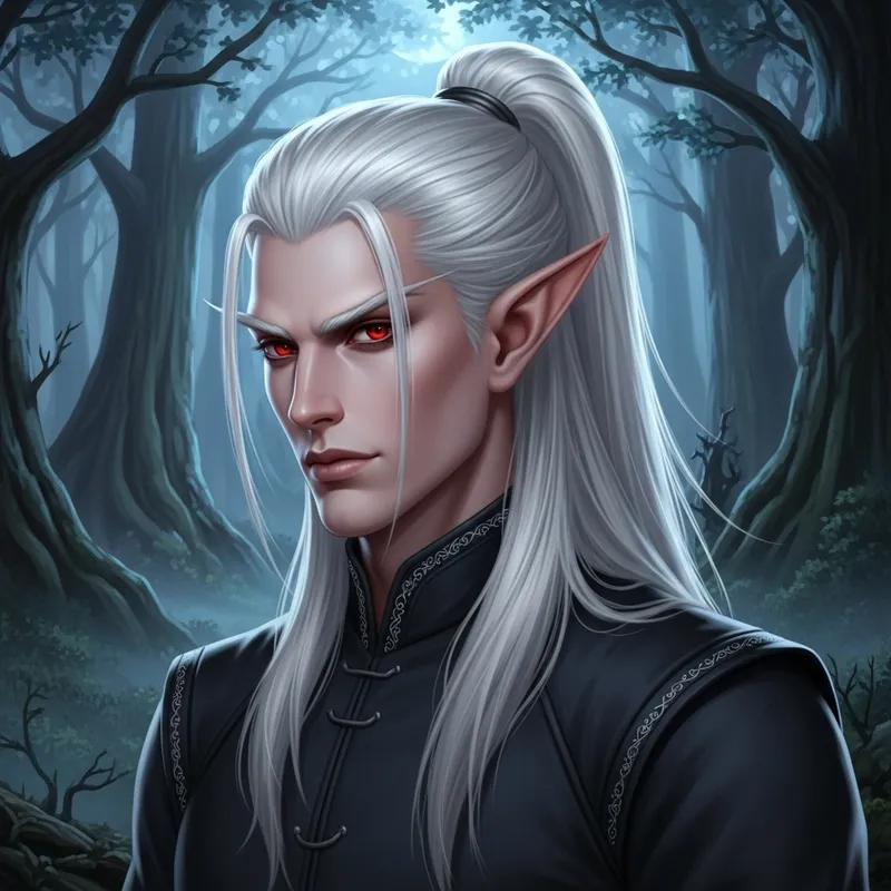 Elf Male with Red Eyes and White High Tail Hair | Fantasy Art