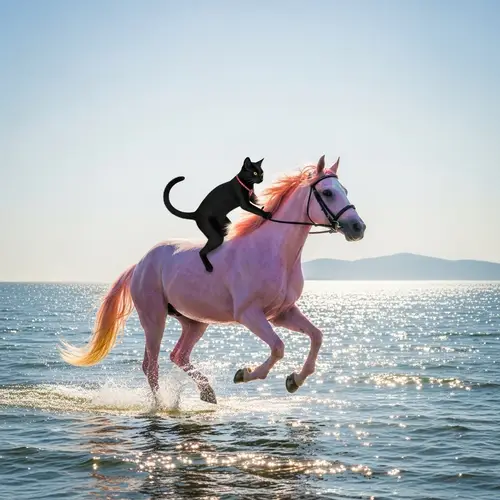 Black Cat Riding Pink Horse in Ocean - Majestic Wildlife Scene