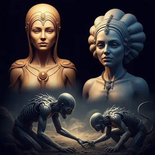 Ultra-Realistic Photographic Scene with Human-like Goddess and Alien Mother