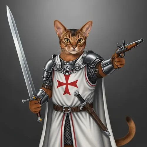 Abyssinian Cat Warrior in Chain Armor with Sword & Pistol