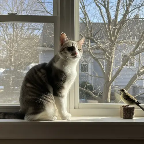 Serene Afternoon Scene with Cat and Bird | Window Sill View