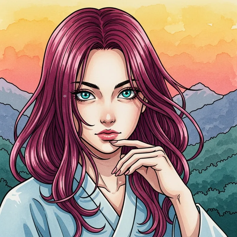 Anime-Inspired Art featuring Vibrant Magenta Hair and Turquoise Eyes Anime-Inspired Art featuring Vibrant Magenta Hair and Turquoise Eyes