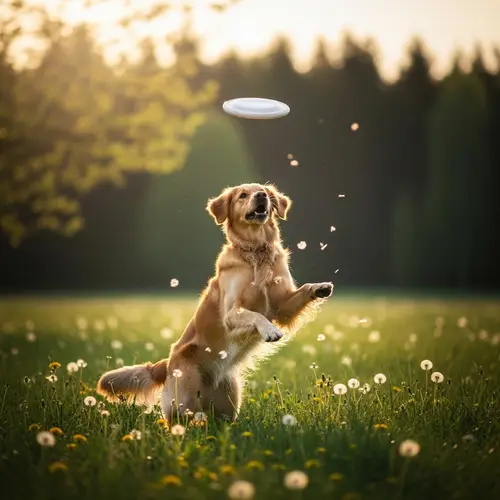 Tranquil Meadow Scene with Energetic Golden Retriever Playing