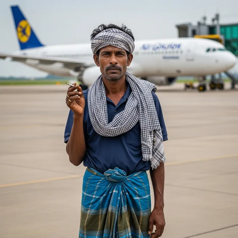 Lungi-Clad Man Relaxing by Airplane at Airport