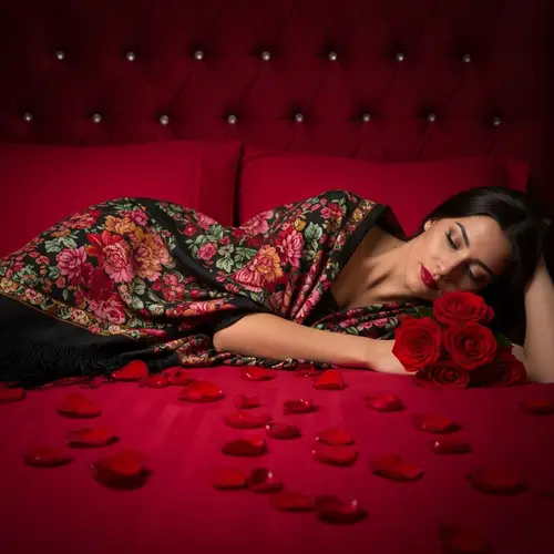 Hispanic Woman Gracefully Rests on Red Bed with Rose Petals