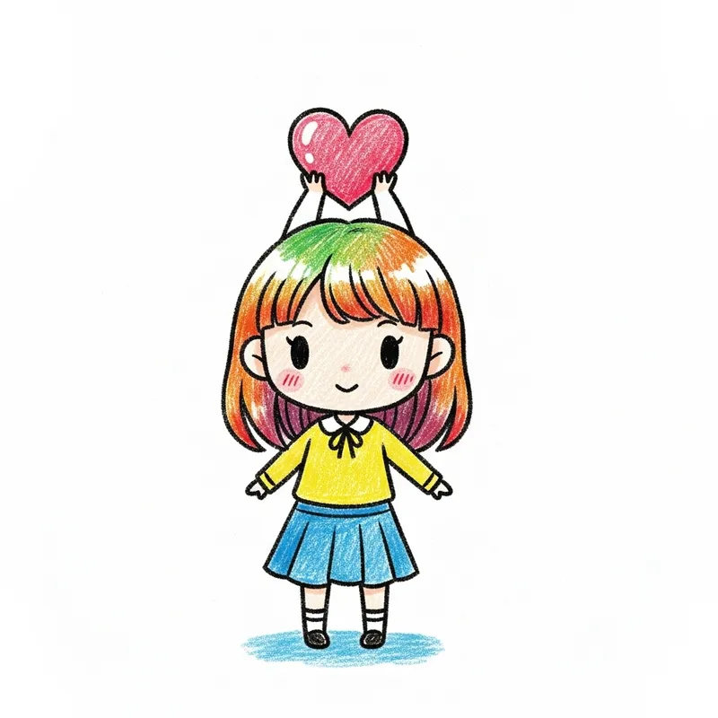 Vivid Chibi Girl Holding Heart - Colorful Crayon Drawing