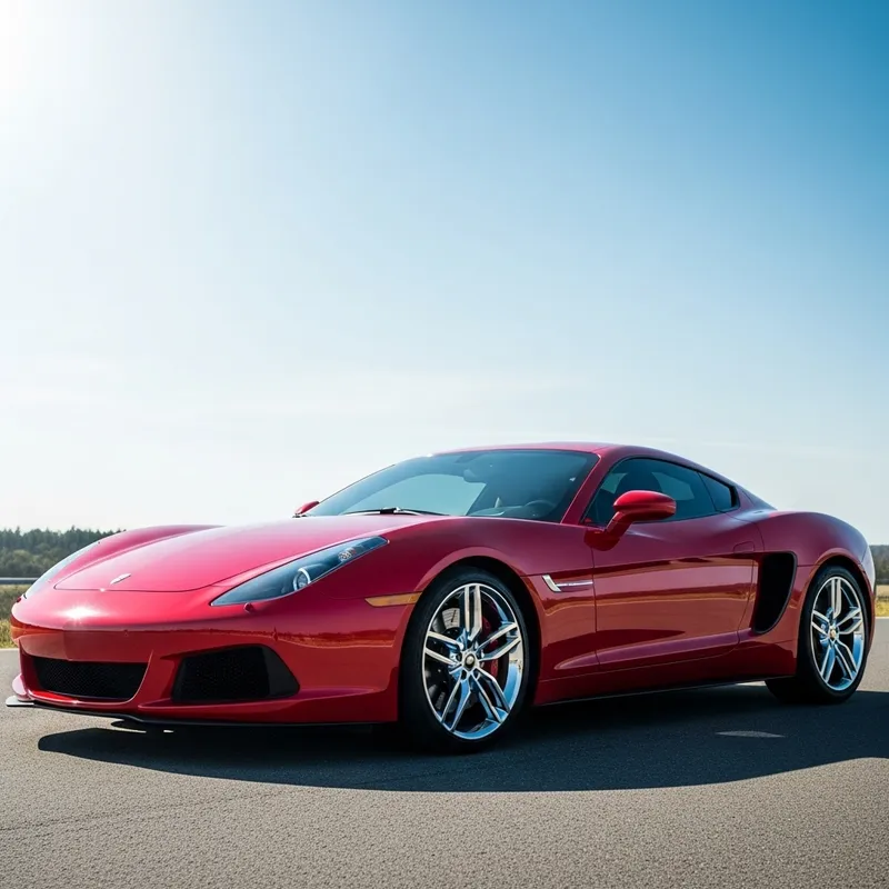 Sleek Red Car on Clear Blue Sky Sleek Red Car on Clear Blue Sky