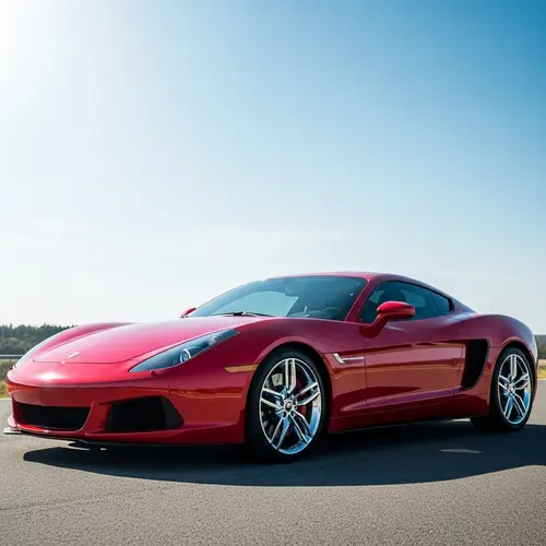 Sleek Red Car | Speed & Luxury | Silver Rims | Clear Blue Sky