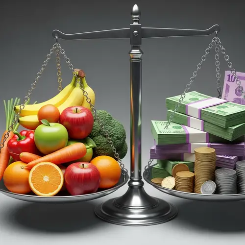 Health and Wealth Balance: Fruits, Vegetables, Currency