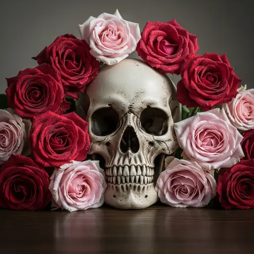 Eerie Human Skull and Vibrant Roses Scene