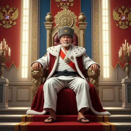 Regal Political Figure on Tsarist Throne with Judo Belt
