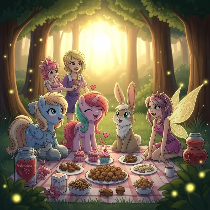 Whimsical Forest Gathering at Sunset with Pony, Rabbit, Fairy, and Friends Whimsical Forest Gathering at Sunset with Pony, Rabbit, Fairy, and Friends