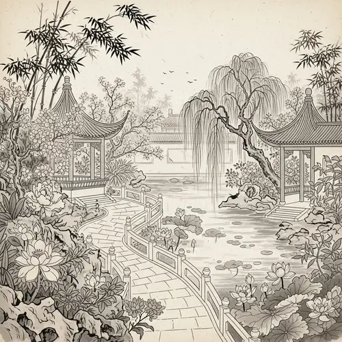 Tranquil Chinese Garden: Exotic Plants & Blooming Flowers