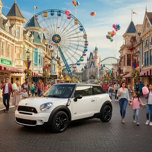 White Compact SUV in Lively Theme Park Setting | Amusement Park