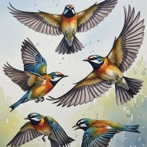 Vibrant Birds in Flight: Colorful Watercolor Painting