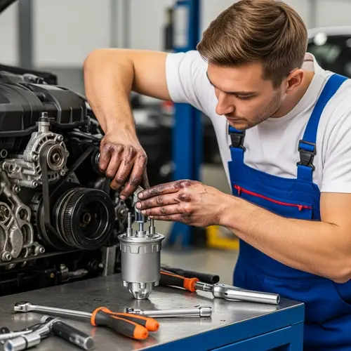 Professional Male Mechanic Replacing Fuel Pump in Modern Vehicle Engine