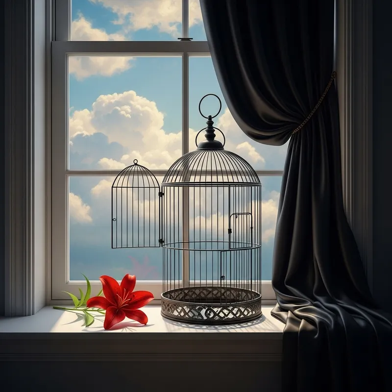 Dreamy Window Scene: Birdcage, Red Lily & Ethereal Sky View