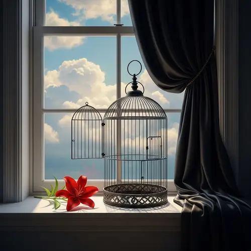 Impressionist Window Scene with Opened Birdcage and Red Lily