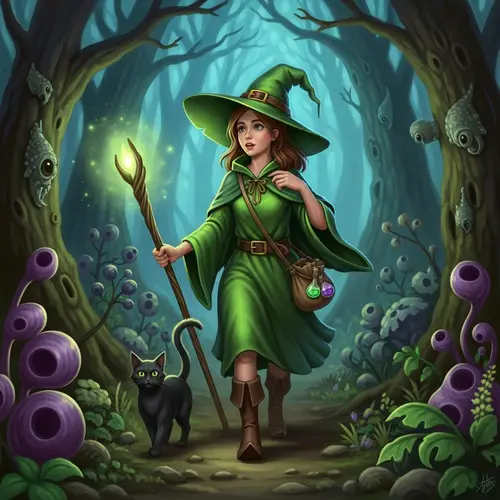 Young Witch's Adventure: Mysterious Forest Exploration