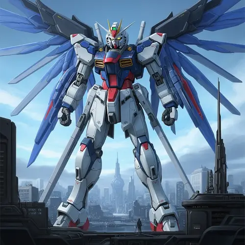 Giant Robot Mecha Stands Tall Over Futuristic Cityscape