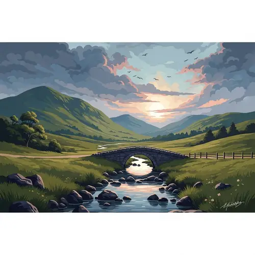 Tranquil Scottish Countryside Scene with Stone Bridge