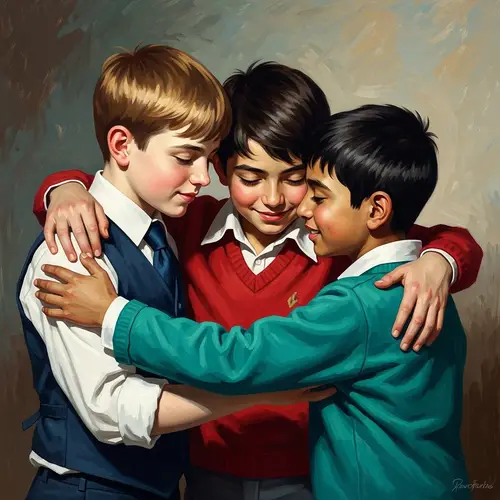 Romantic Multiethnic Boys Embrace Artwork