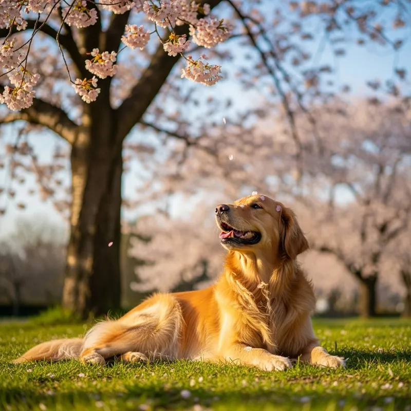 Golden Retriever Among Cherry Blossoms | Spring Dog Golden Retriever Among Cherry Blossoms | Spring Dog