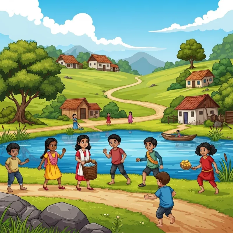 Indian Village Children Playing by Lake | Rural Serenity