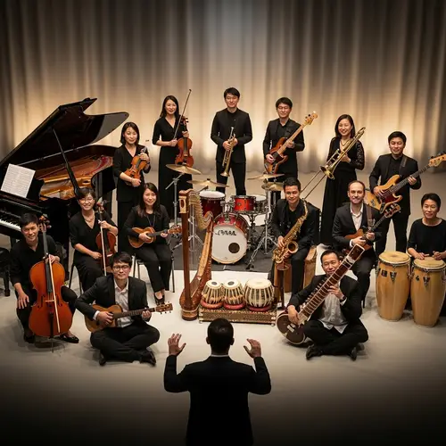 Diverse Musical Group of Seventeen Members with Unique Instruments